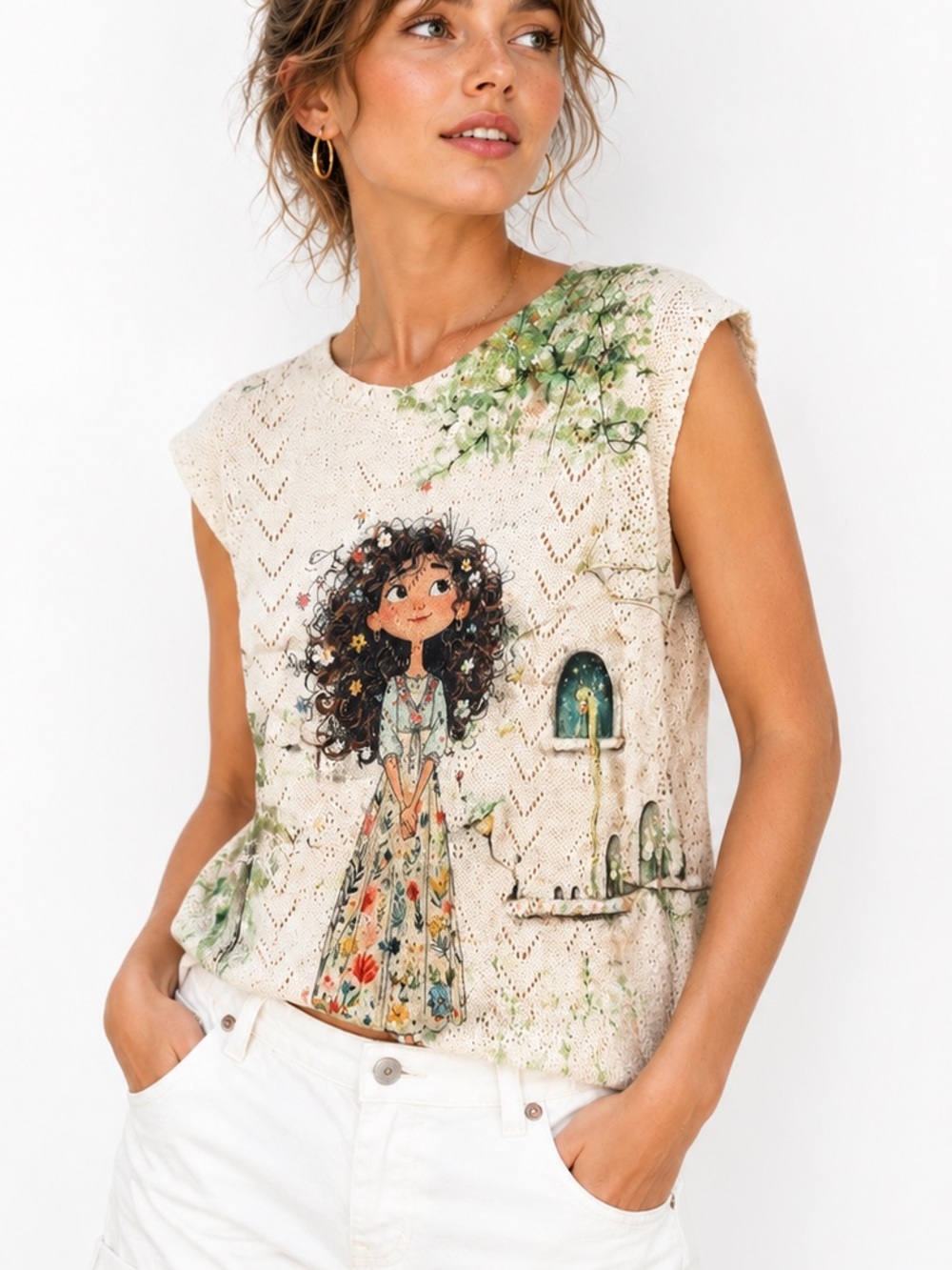 9S9.New Crochet Floral Illustrated Knit Tank Top